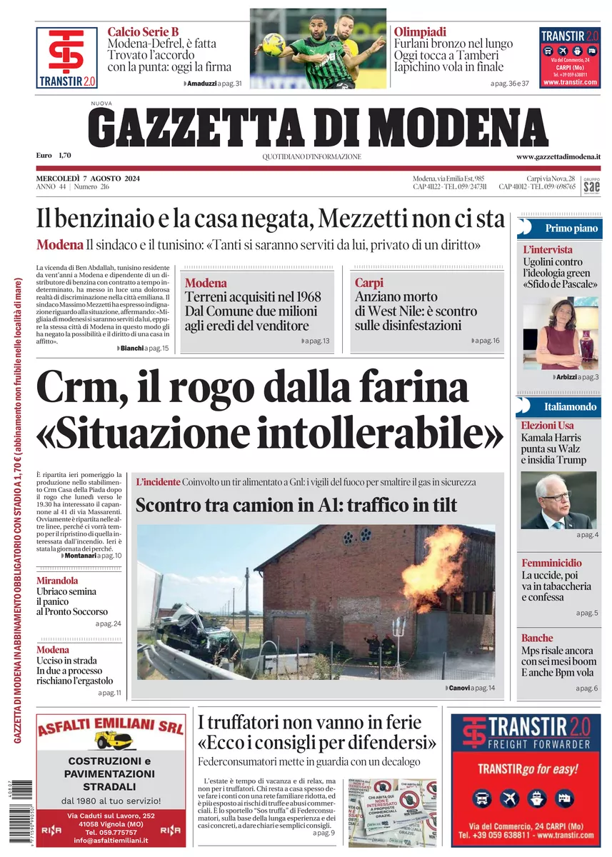 Prima-pagina-gazzetta di modena-oggi-edizione-del-2024-08-07